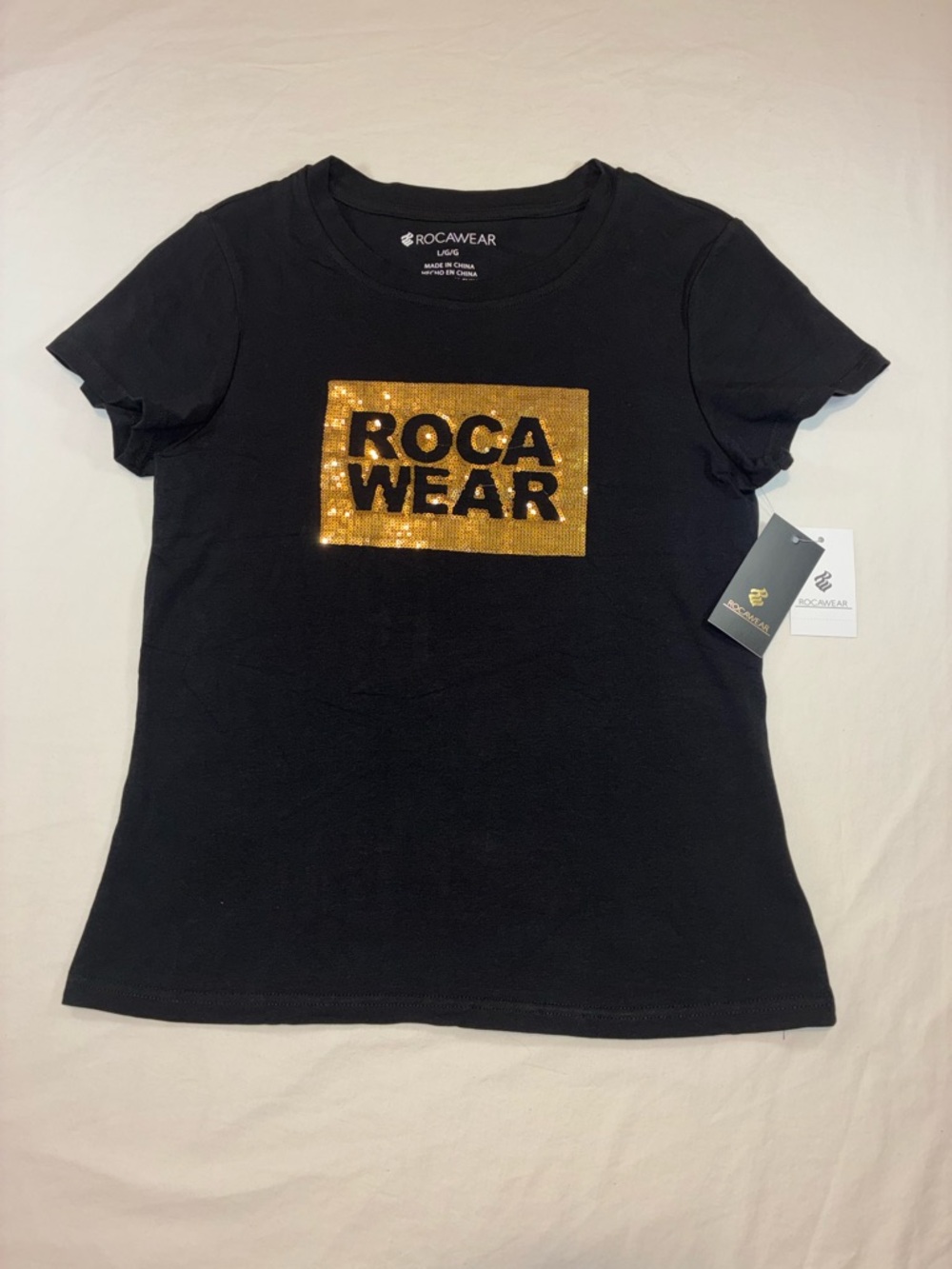 Rocawear Black Short Sleeve Tee with Gold Sequin Logo Patch
